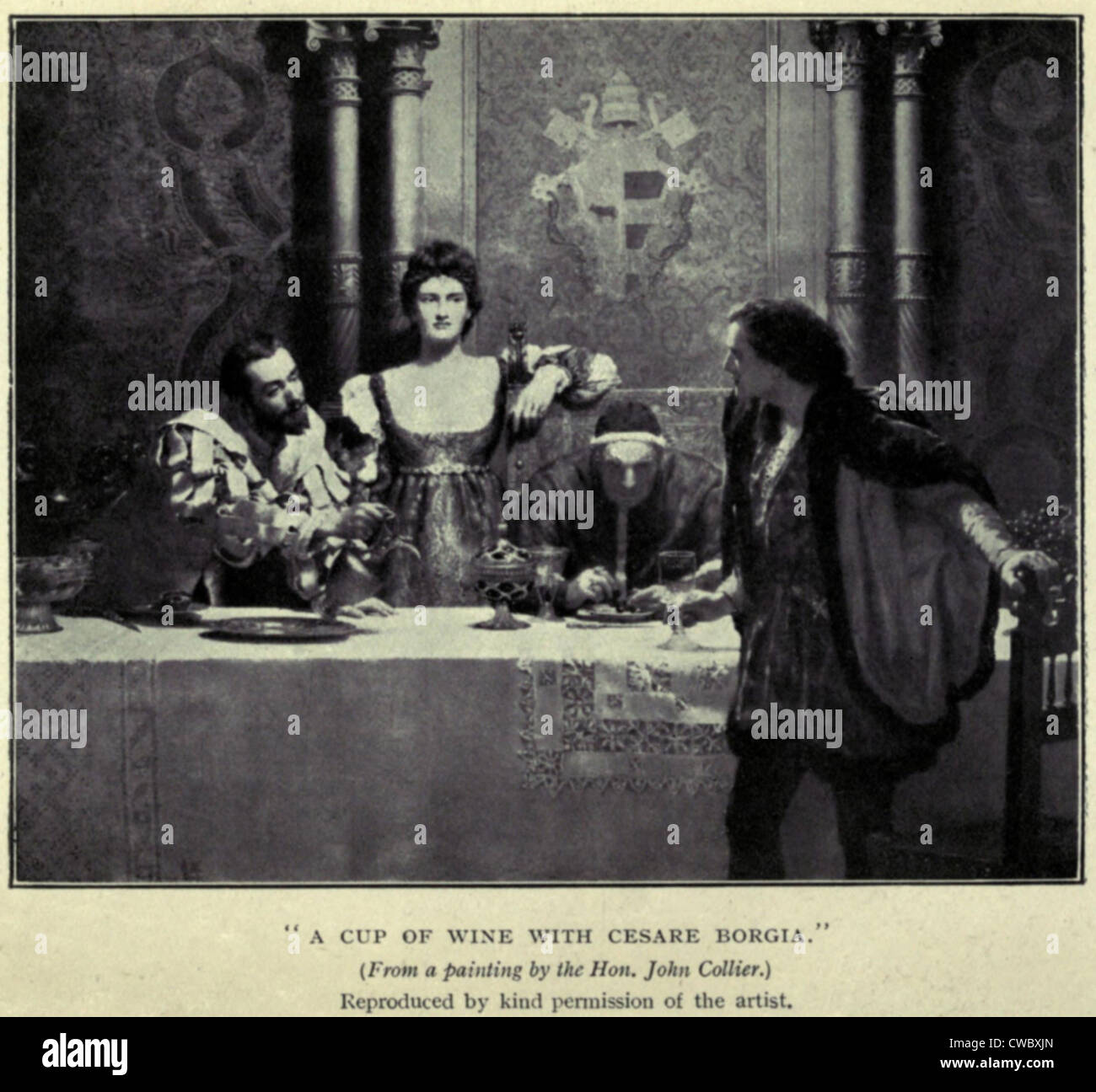 Cesare Borgia, flanqué de sa sœur Lucrèce Borgia, et leur père le Pape Alexandre VI, offre un invité un peu de vin. Historical Banque D'Images