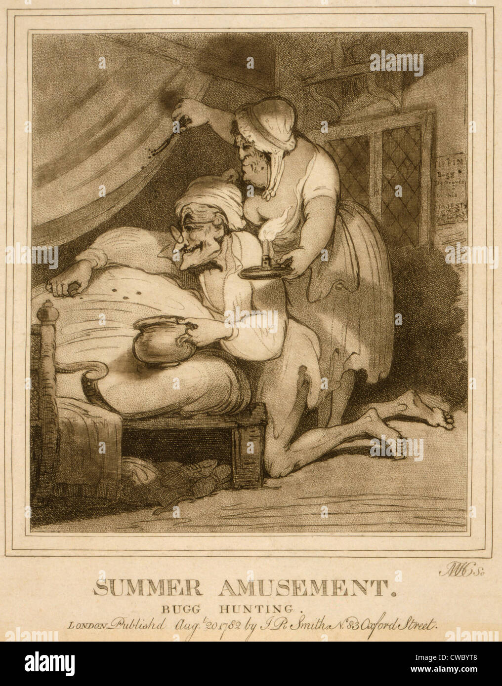 Dessin animé anglais du 18e siècle, été amusement-BUGG CHASSE, montre et vieux couple attraper les punaises. Gravure aquatinte Banque D'Images