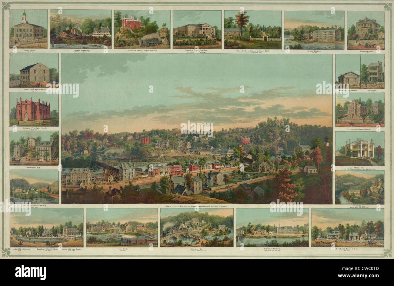 1854 Vue d'Ellicotts Mills, Maryland, entouré par de petites images de divers bâtiments et usines de la ville. Banque D'Images