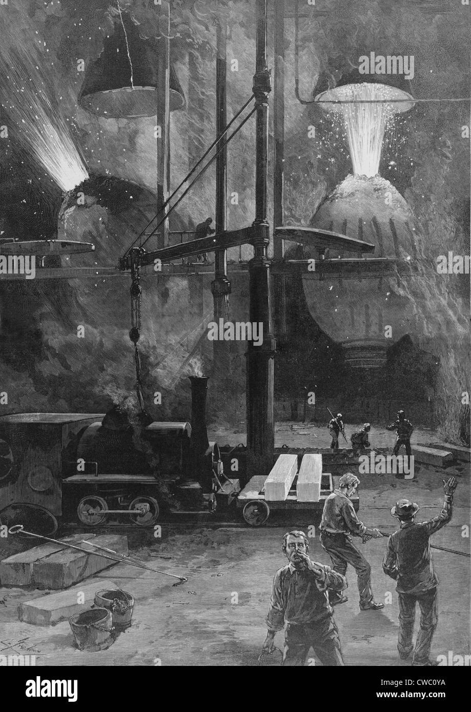 La fabrication d'acier avec des convertisseurs Bessemer à Pittsburgh, en Pennsylvanie. La gravure sur bois à partir d'un dessin de Charles Graham. 1886. Banque D'Images
