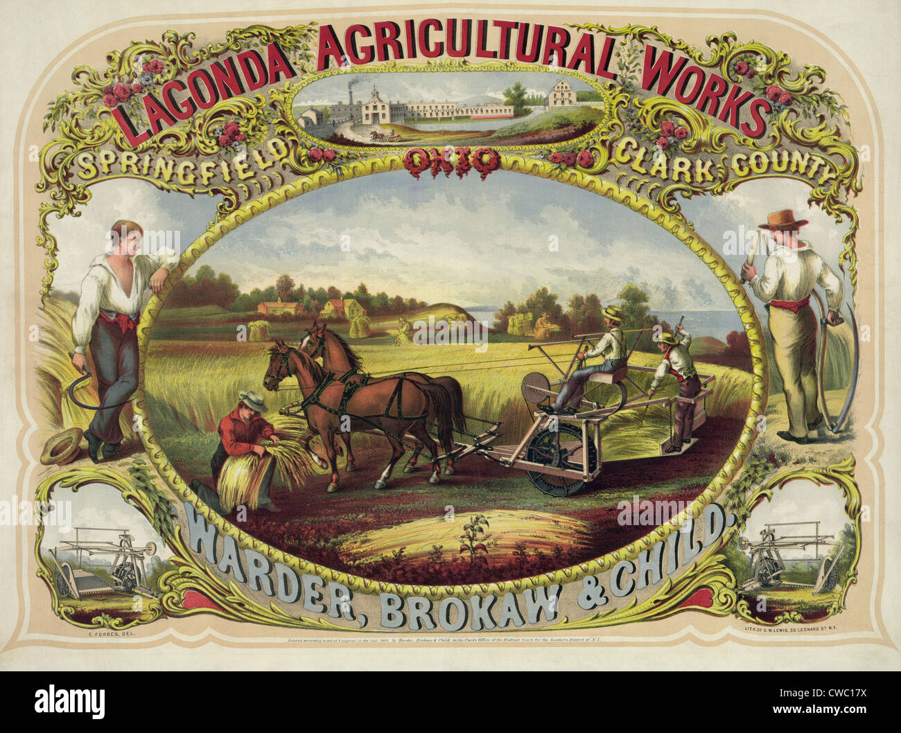 Affiche publicitaire pour les Laconda Faucheur, l'une des premières machines qui a révolutionné l'agriculture du 19e siècle. Le cheval Banque D'Images