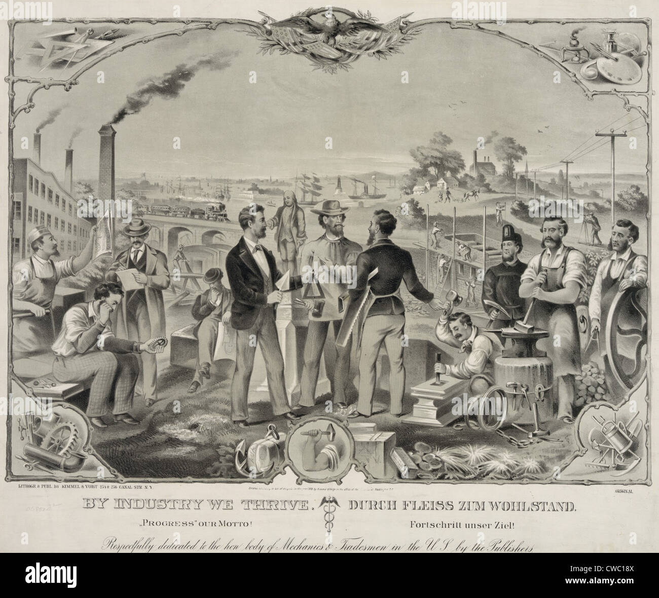 Affiche bilingue en anglais et en allemand, par l'industrie nous épanouir, 1873. Poster montre des artisans dans le paysage industriel américain Banque D'Images