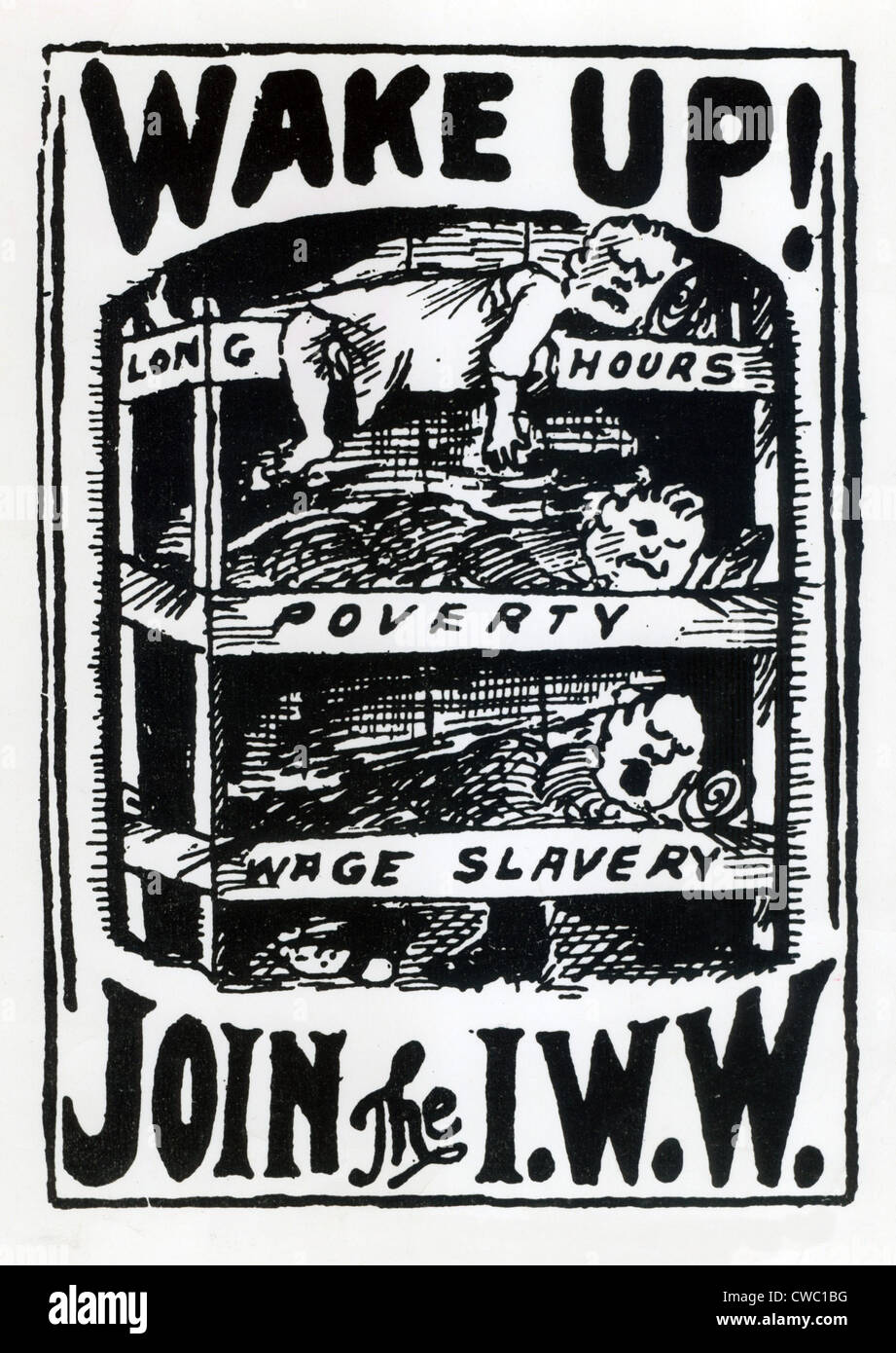 Service ET REJOINDRE LES I.W.W. Affiche de recrutement de travailleurs montre dormant dans des lits superposés étiquetés de longues heures, la pauvreté et l'esclavage salarié. Banque D'Images
