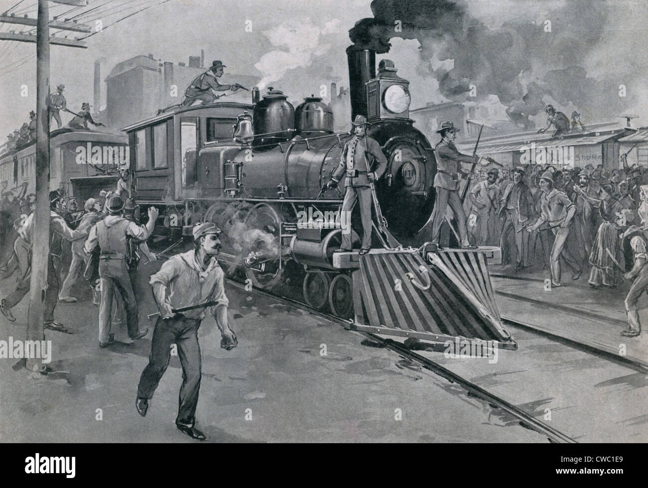 Un train de la garde des troupes fédérales contre les grévistes pendant la grève Pullman. Juillet 1894. Banque D'Images