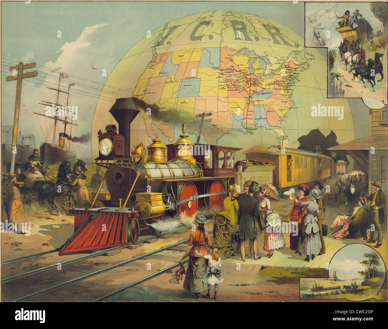 1882 affiche de l'Illinois Central Railroad montre Passagers attendant leur train. Comprend l'impression des images d'une plus petite Banque D'Images