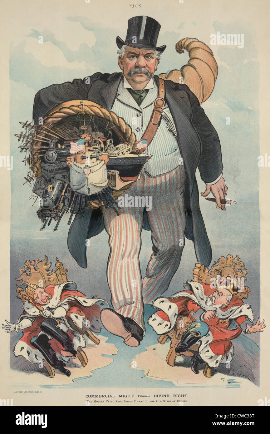 Peut-COMMERCIAL DROIT DIVIN VERSETS 1902 caricature illustre J.P. Morgan portant une corne remplie de chemins de navires Banque D'Images