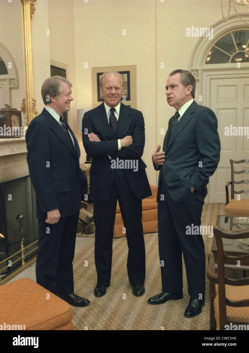 Jimmy Carter, Gerald Ford et Richard Nixon se rassemblent à la Maison blanche pour les funérailles de Minnesota Le Sénateur et ancien vice Banque D'Images