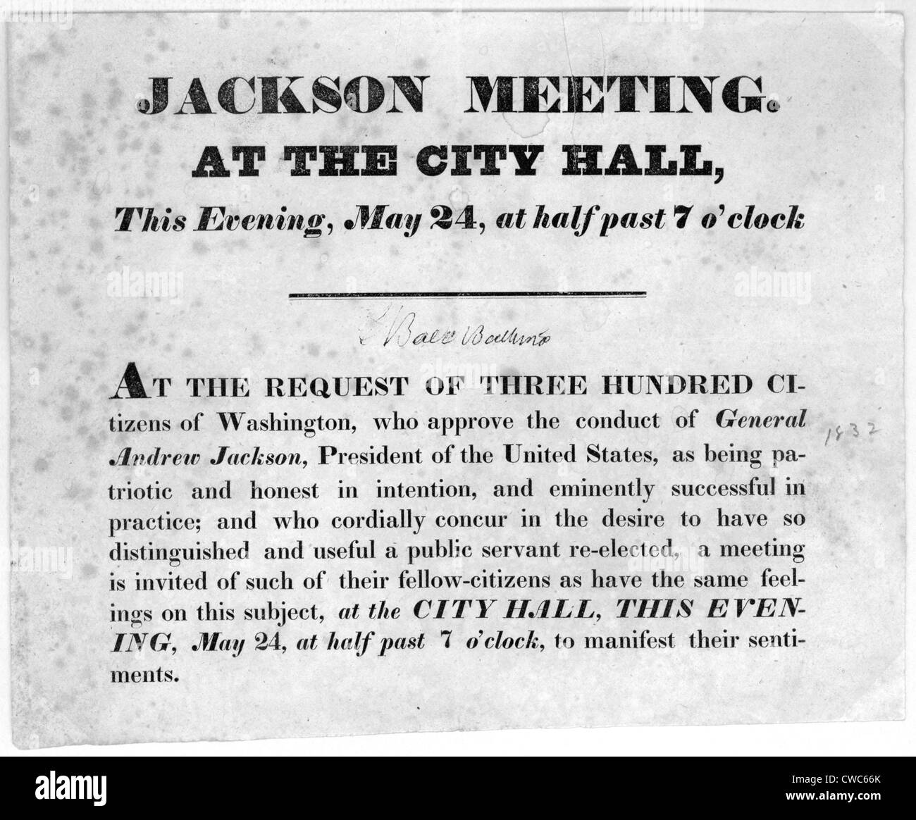 Le projet de loi annonce Andrew Jackson, 1832 Réunion de soutien Banque D'Images