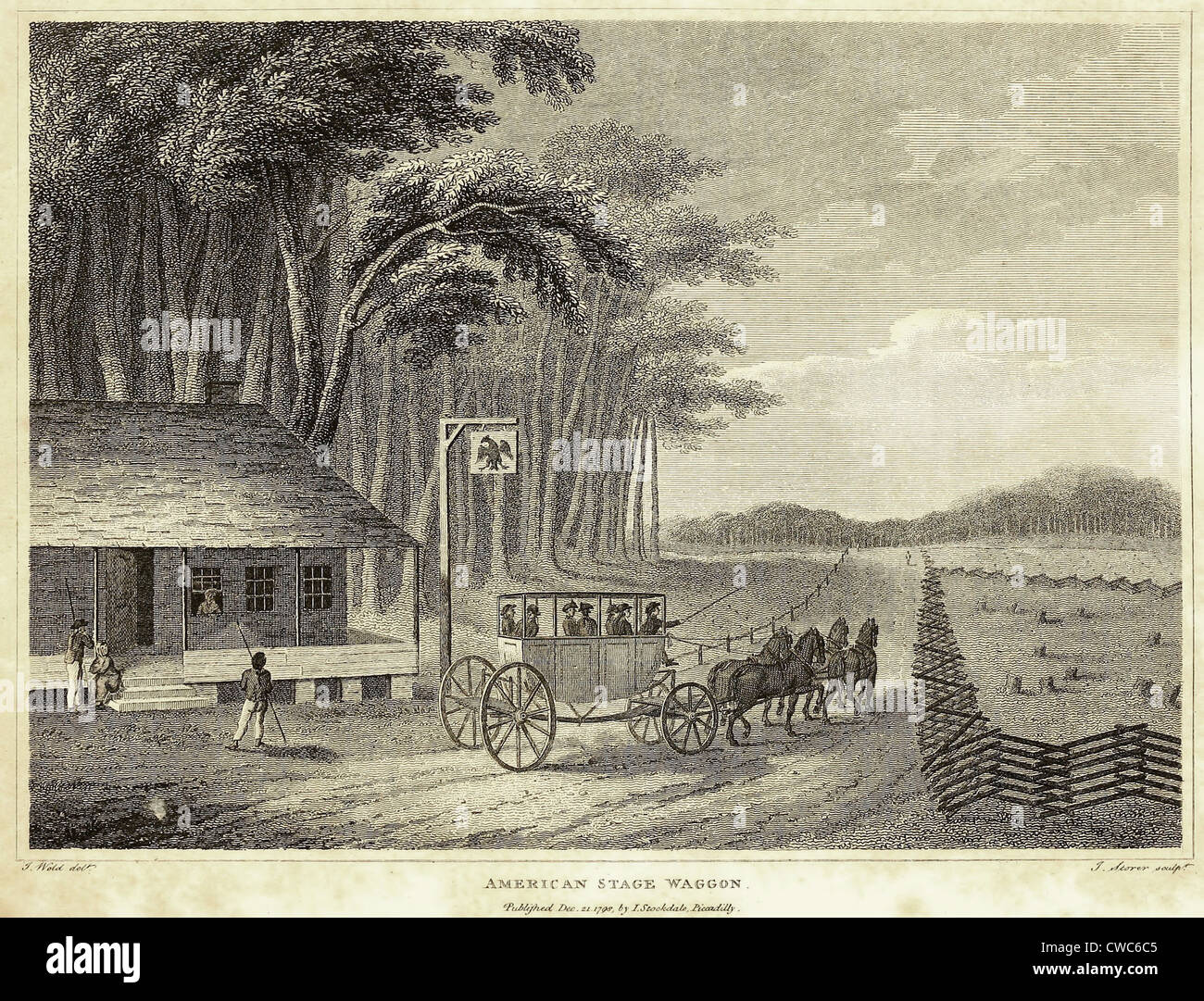 L'étape américaine Wagon laissant une taverne. Ca. 1800. Banque D'Images