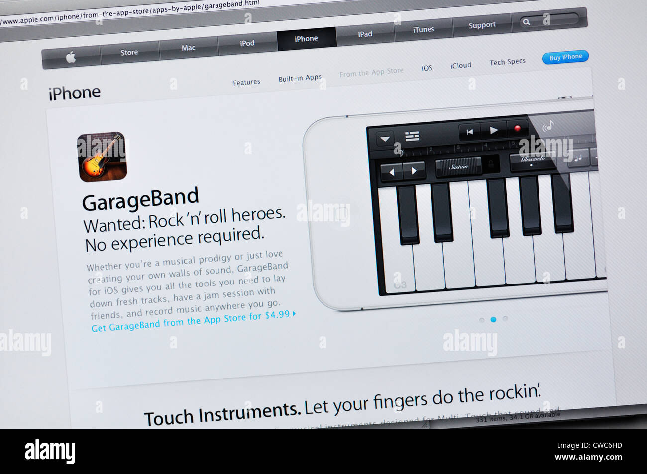 Site web de l'application Garageband - Instruments Touch et un studio d'enregistrement Banque D'Images