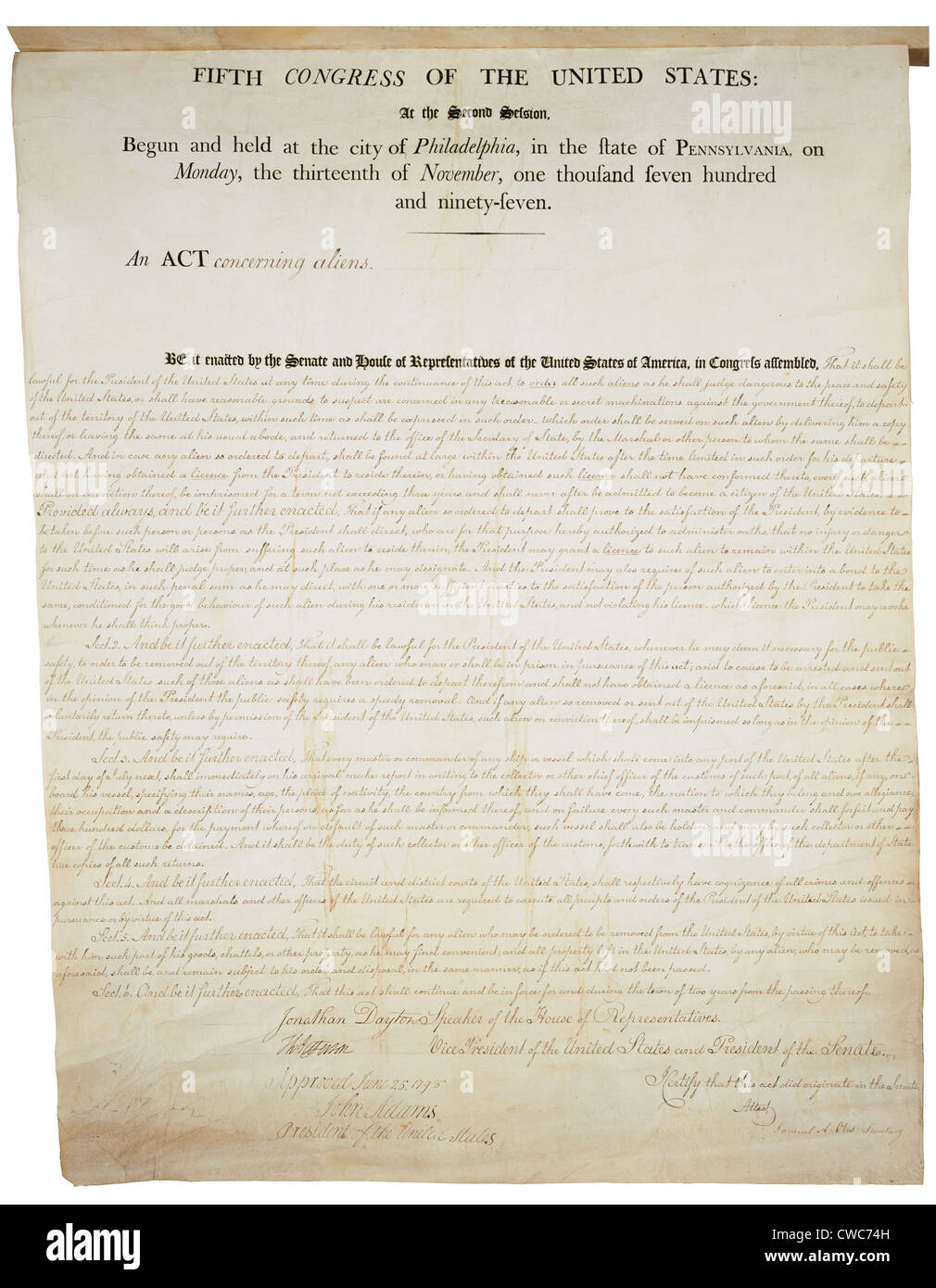 Actes étrangers et la sédition de 1798. Document manuscrit daté du 6 juillet 1798. Page 1 sur 2. Banque D'Images