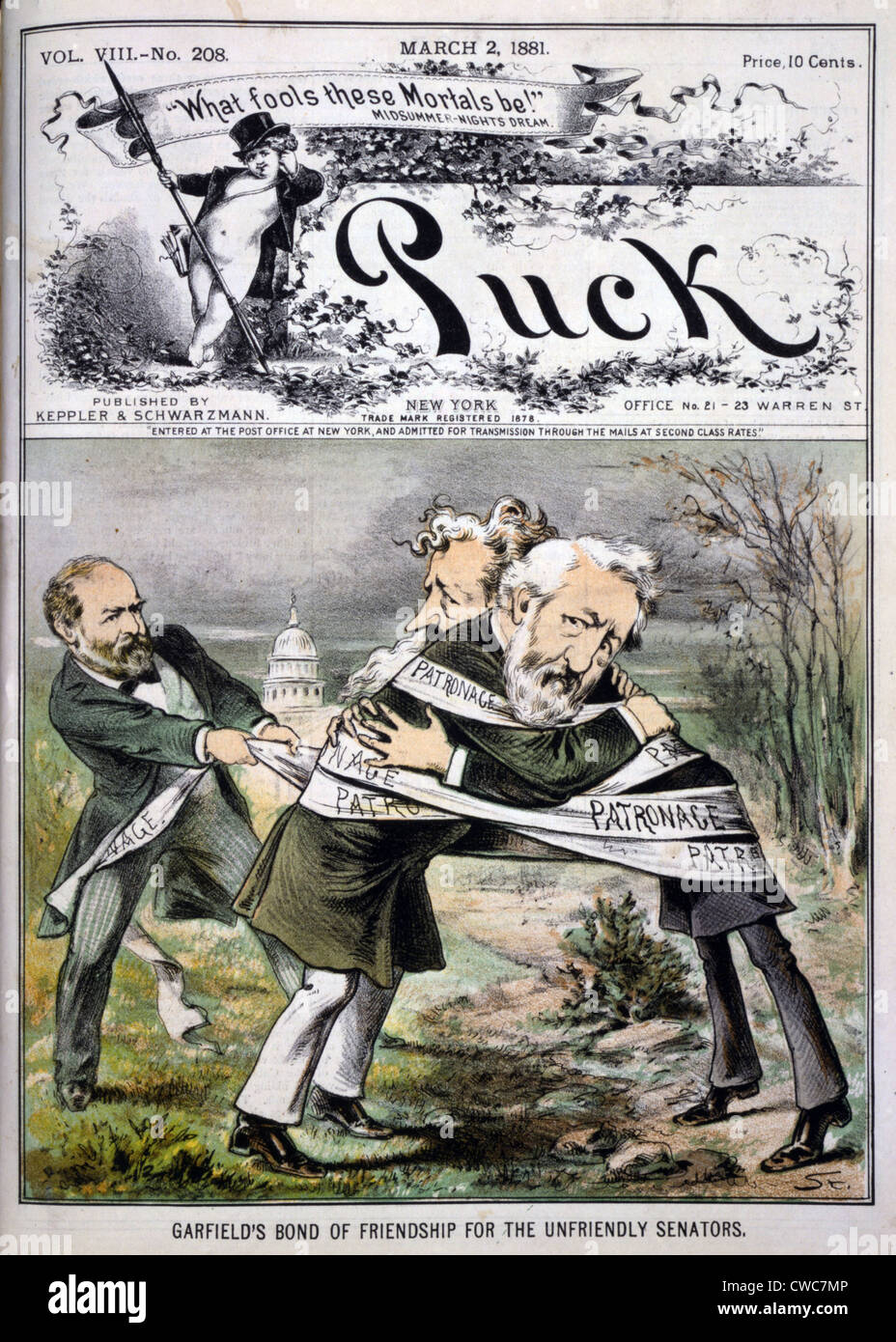 Le président James Garfield ruban emballage patronage autour de James Blaine et Roscoe Conkling. 1881 Banque D'Images