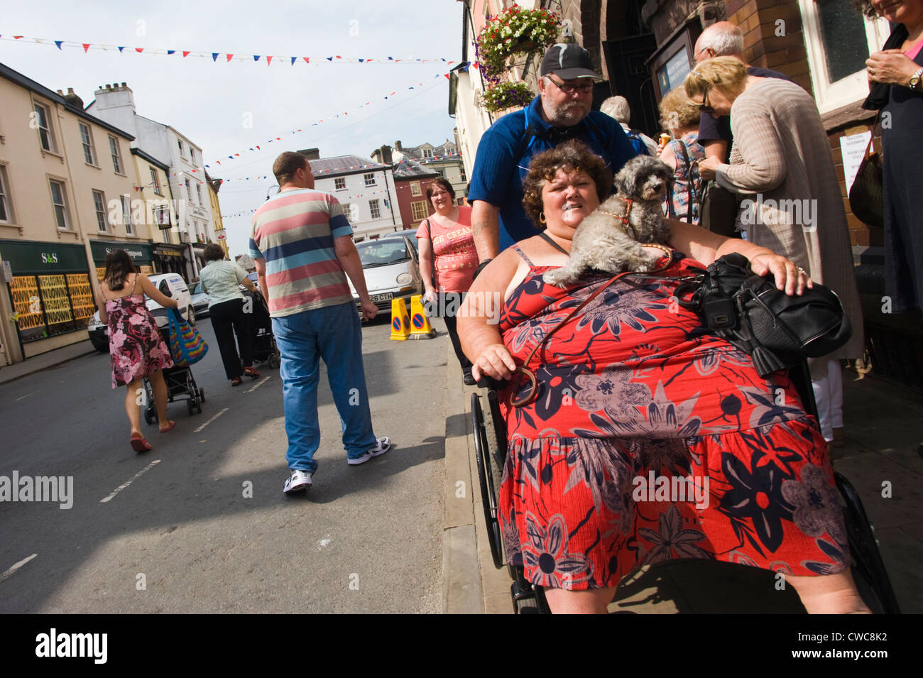 Femme est poussée en fauteuil roulant avec chien sur la rue lors du Festival de Jazz 2012 Brecon Banque D'Images