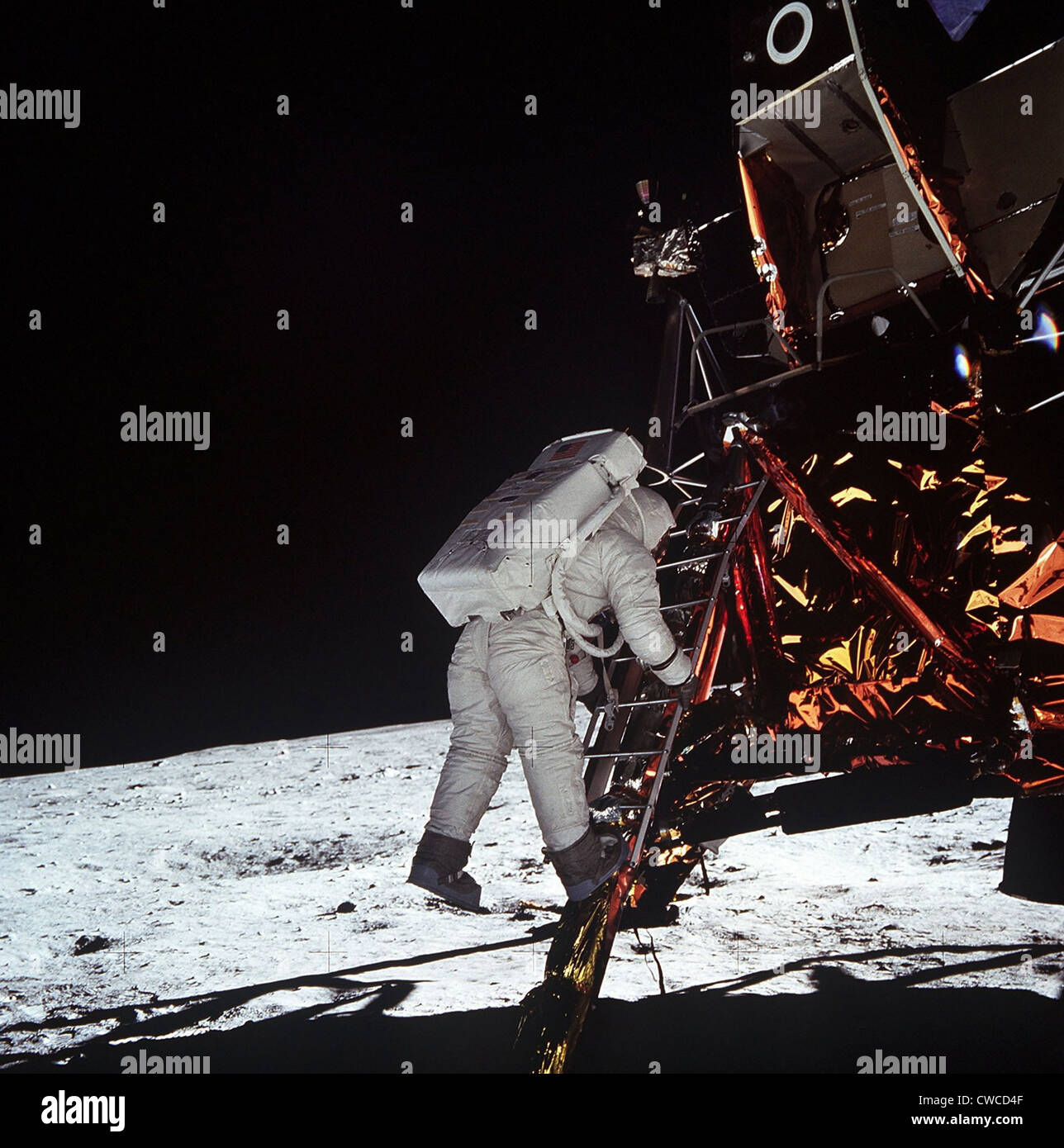 Deuxième homme sur la Lune. L'astronaute Edwin Aldrin, descend les marches de l'échelle du Module lunaire à la surface de la lune. 20 juillet Banque D'Images