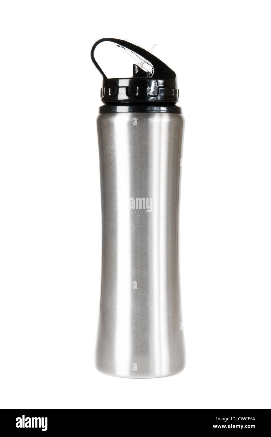 Thermos d'argent sur un fond blanc. Banque D'Images