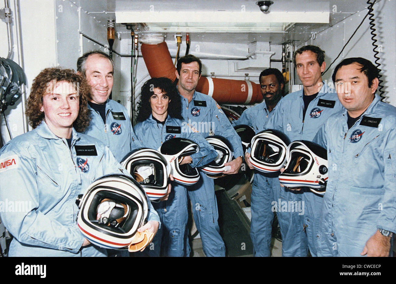 L'équipage de Challenger en formation avant leur tragique mission de la navette spatiale. L-R : Christa McAuliffe, Gregory Jarvis, Judy Resnik, Banque D'Images