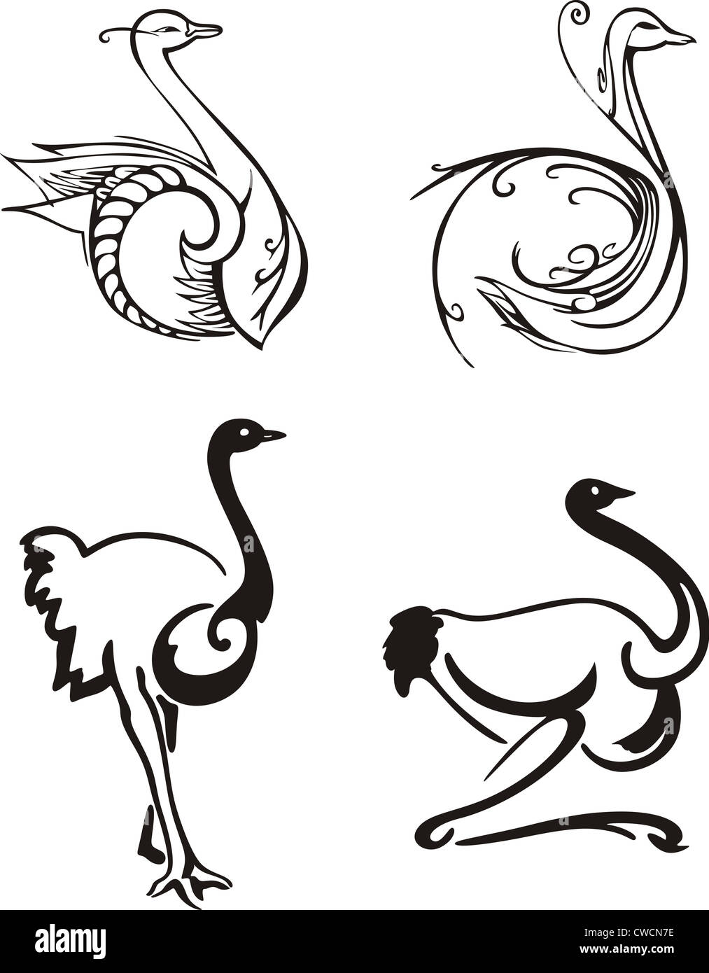Oiseaux stylisés. Série d'illustrations vectorielles en noir et blanc. Banque D'Images