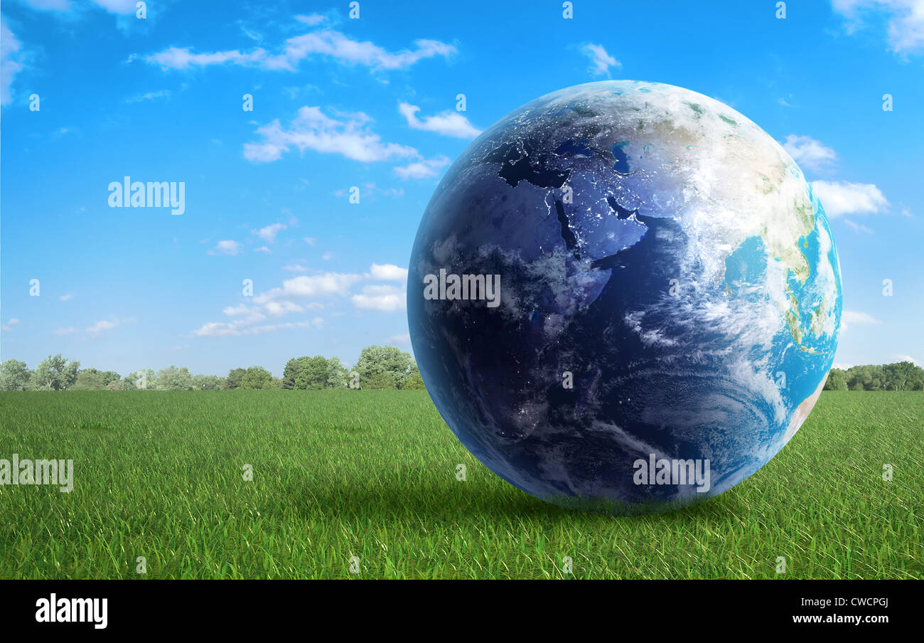 Globe terrestre sur un champ d'herbe verte Banque D'Images