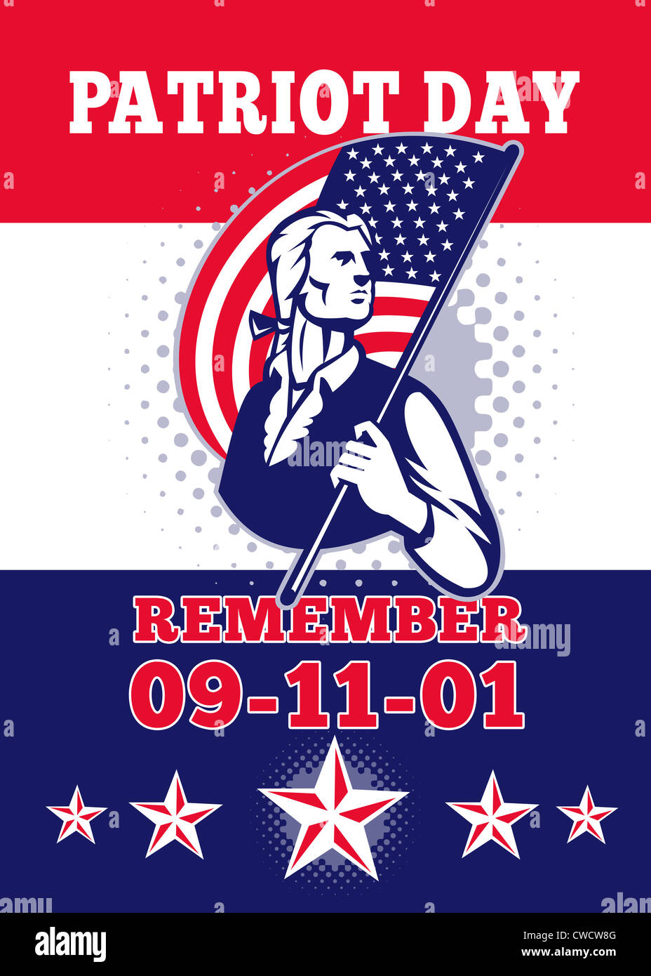 Carte de vœux de l'affiche illustration d'un soldat révolutionnaire minuteman patriot tenant un drapeau américain et le mot 'Remember 9-11' Banque D'Images
