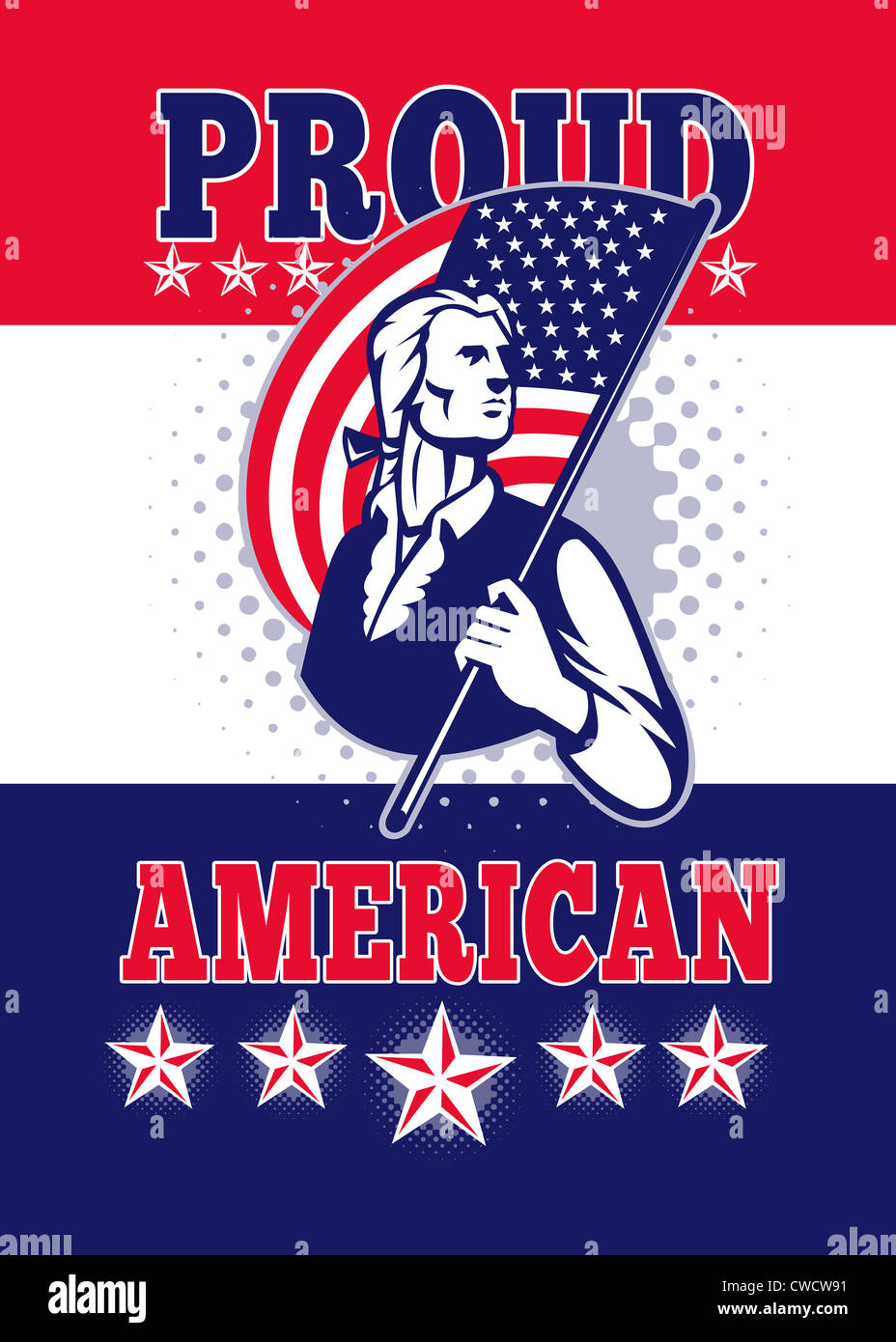 Carte de vœux de l'affiche illustration d'un soldat révolutionnaire minuteman patriot tenant un drapeau américain et 'fier américain' Banque D'Images