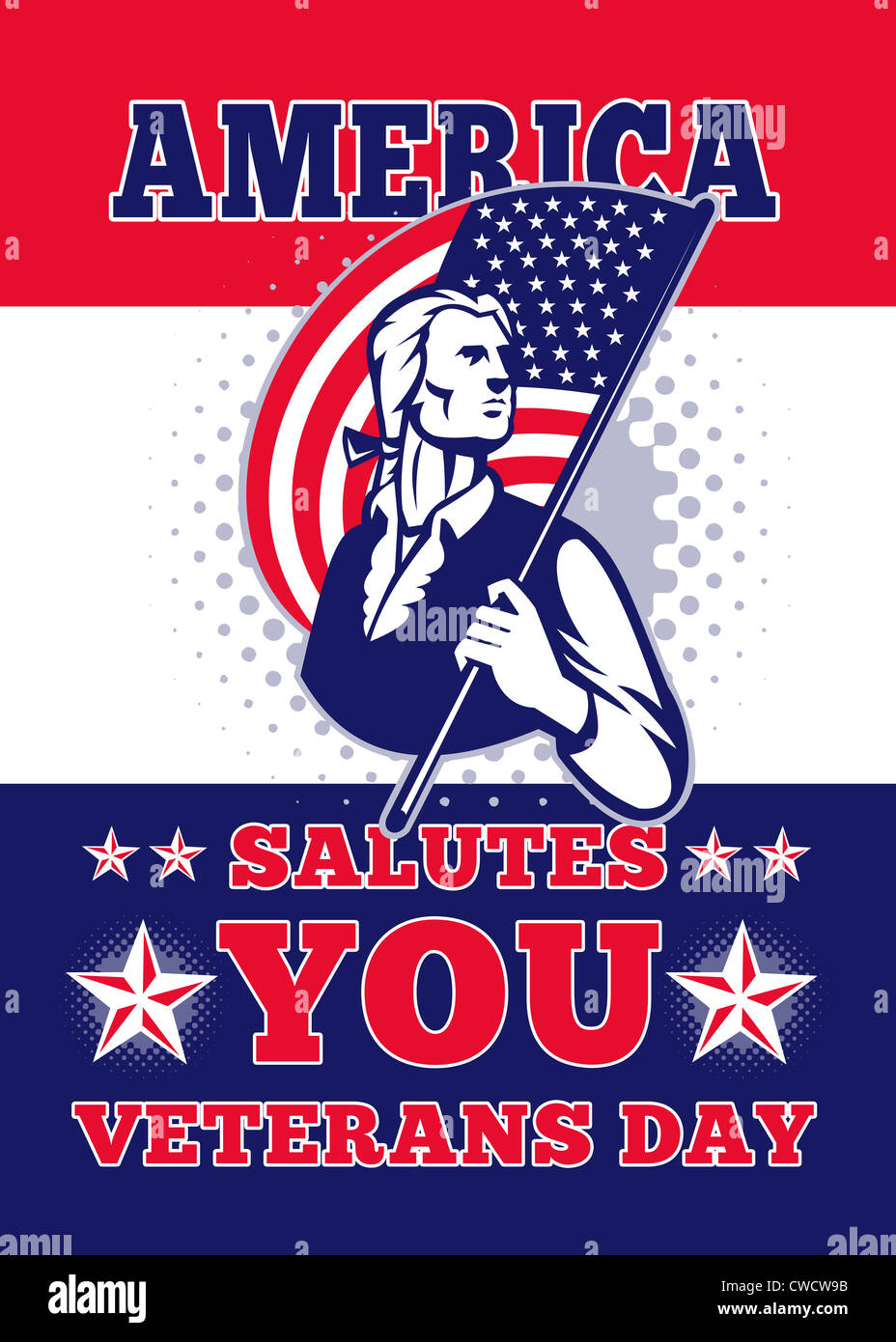 Carte de vœux de l'affiche illustration d'un soldat révolutionnaire minuteman patriot tenant un drapeau américain stars and stripes Banque D'Images