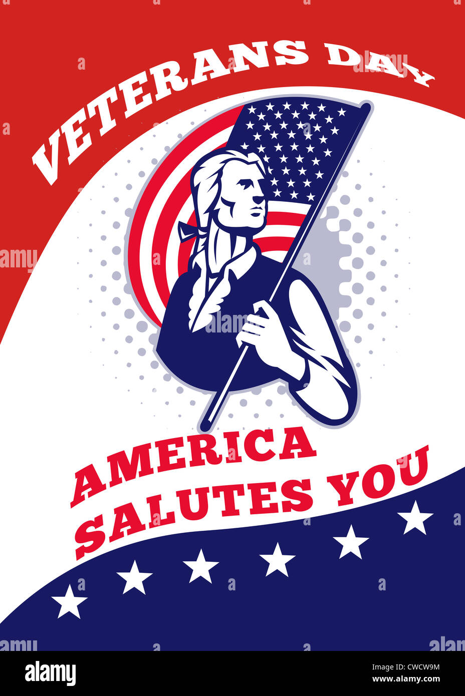 Carte de vœux de l'affiche illustration d'un soldat révolutionnaire minuteman patriot tenant un drapeau américain stars and stripes Banque D'Images