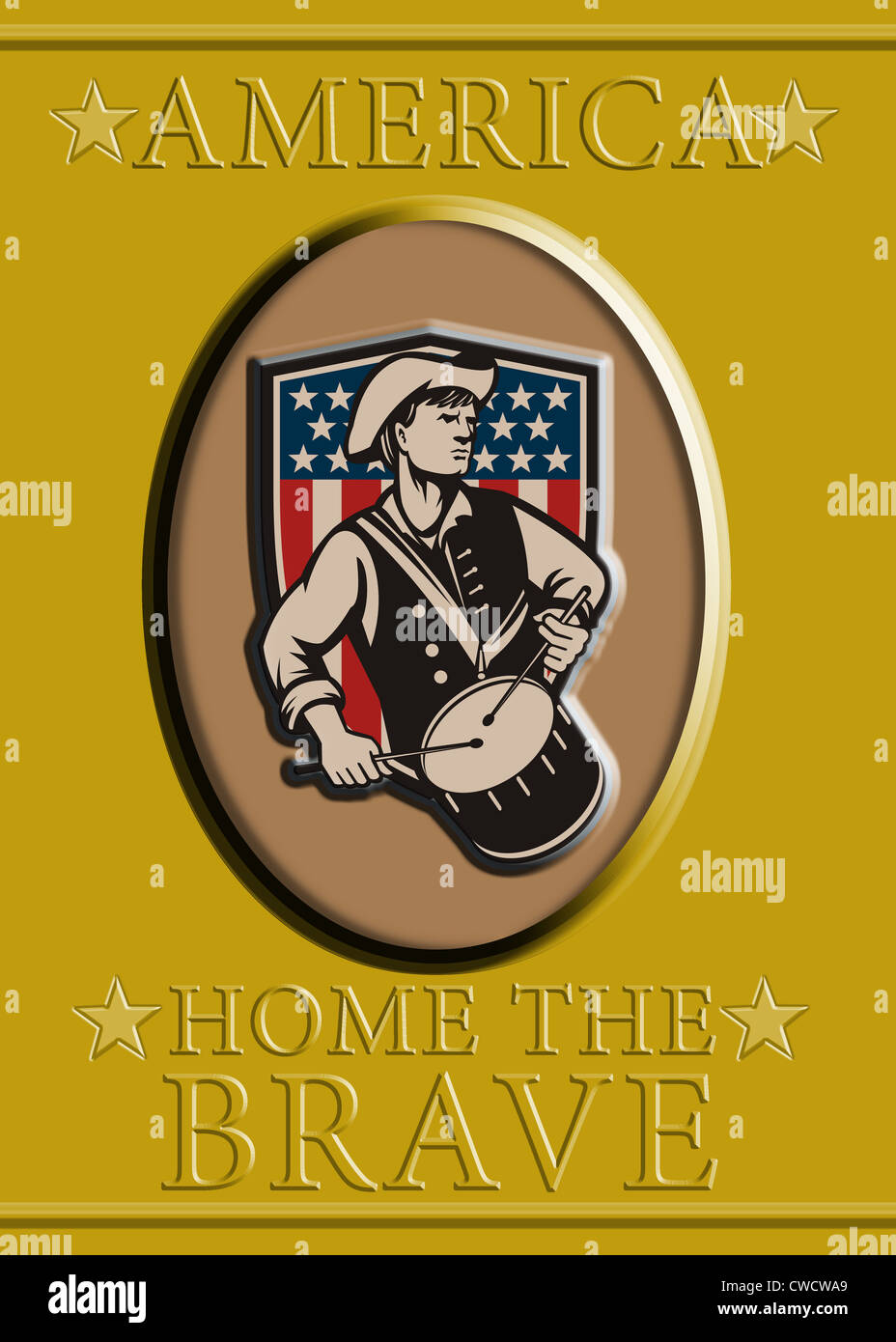 Carte de vœux de l'affiche illustration d'un soldat révolutionnaire minuteman patriot batteur avec tambour avec American stars and stripes flag shield et les mots d'accueil du Brave Banque D'Images