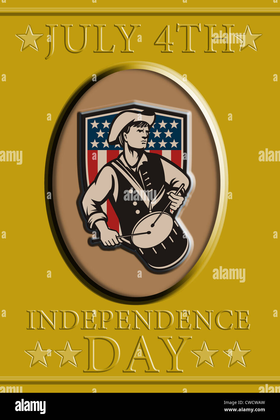 Carte de vœux de l'affiche illustration d'un soldat révolutionnaire minuteman patriot batteur avec tambour avec American stars and stripes flag shield et mots 4 juillet Jour de l'indépendance Banque D'Images