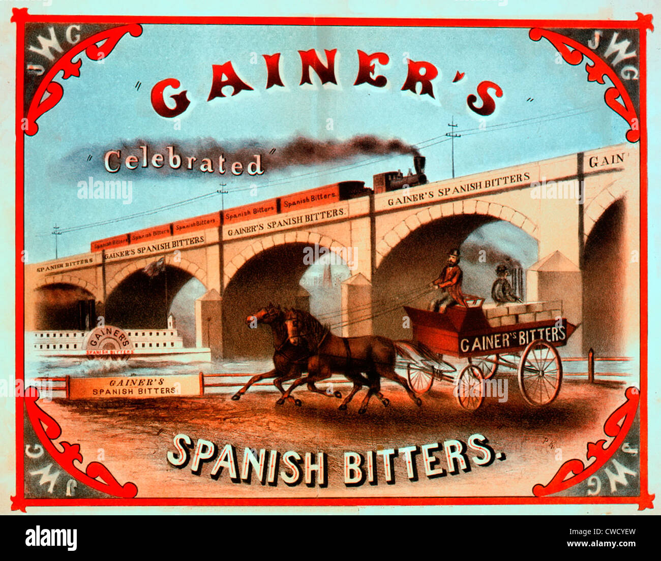 Gainer est célébré l'espagnol bitters - Brevet étiquette de médicaments, montrant le Gainer d'être transportés par chariot tiré par des chevaux, railroad, et bateau, vers 1868 Banque D'Images