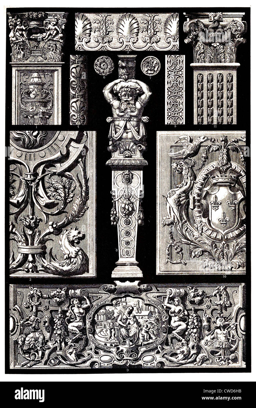 Ornements sculpturaux Français Renaissance en pierre et bois Banque D'Images