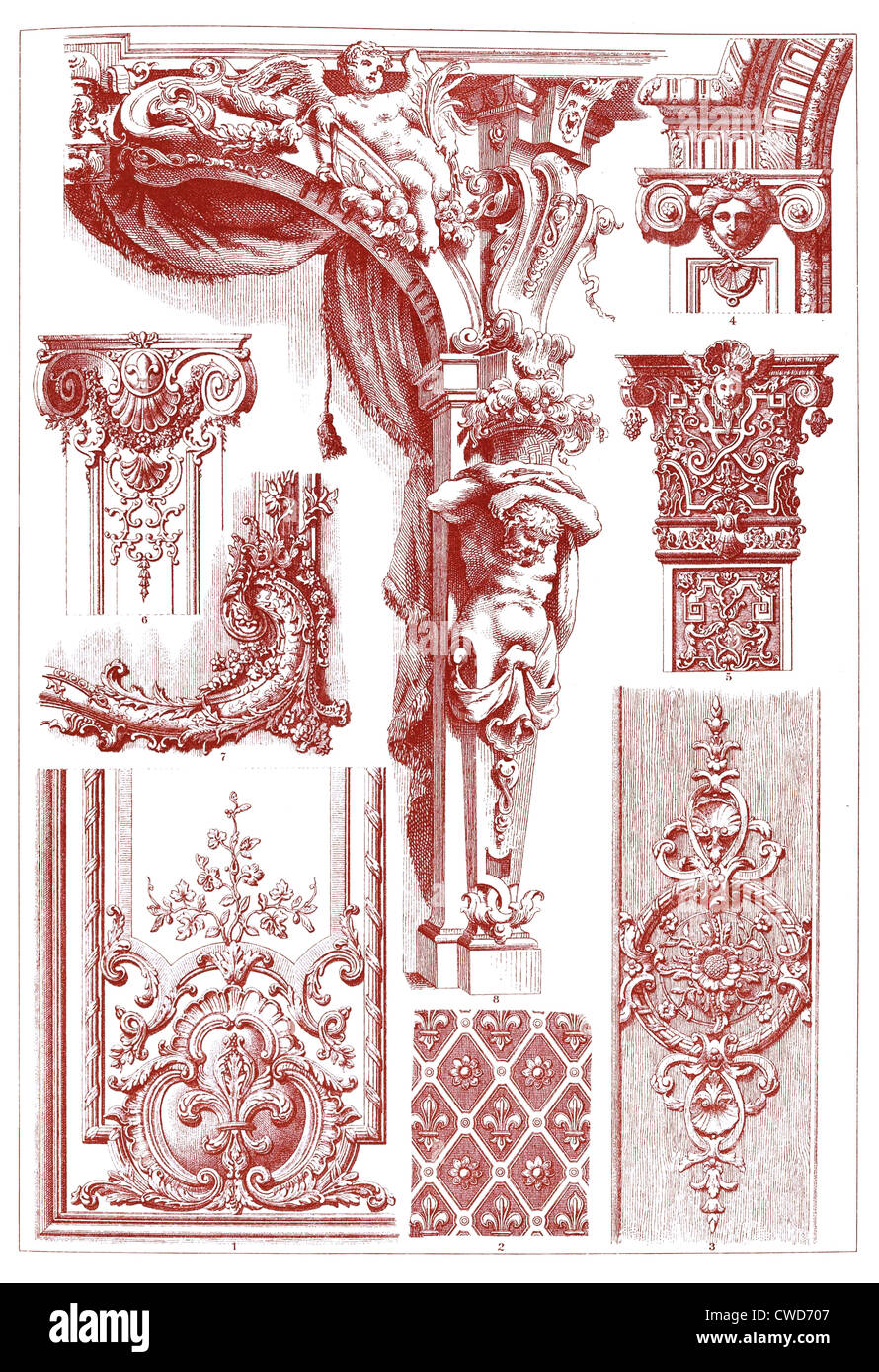 Xvii et XVIII. Siècle ornements sculpturaux Banque D'Images