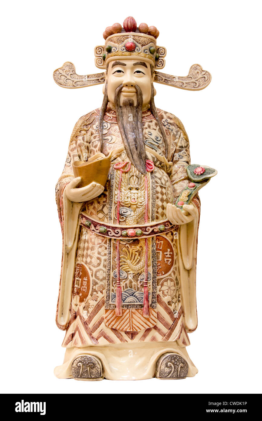 La prospérité de l'argent Dieu Barre d'or et tenant un sceptre Ruyi Statue Sculpture de l'ivoire Banque D'Images