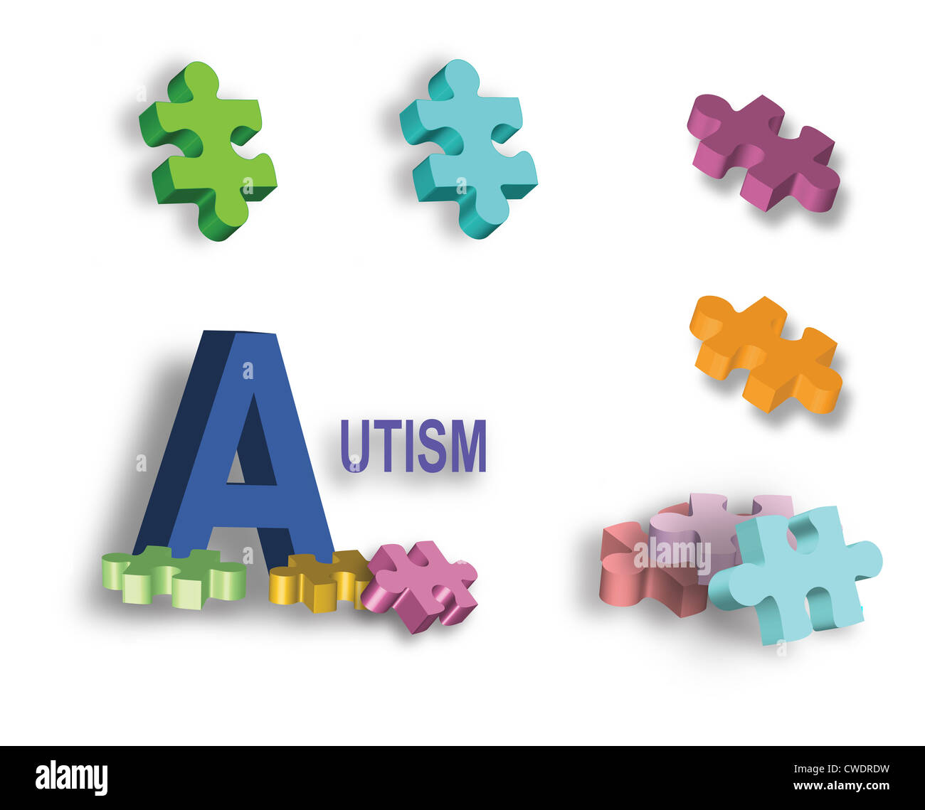 Pleine page de pièces de puzzle lumineux et Titre pour illustrer des articles sur les troubles du spectre autistique. Banque D'Images