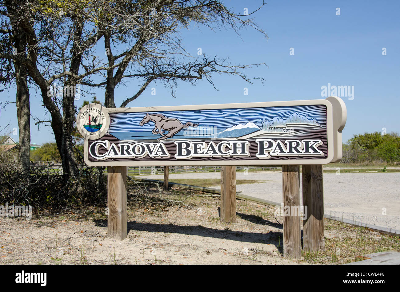 Swan Beach Park sign Wild horses attraction touristique Currituck Outer Banks comté de Caroline du Nord. Banque D'Images