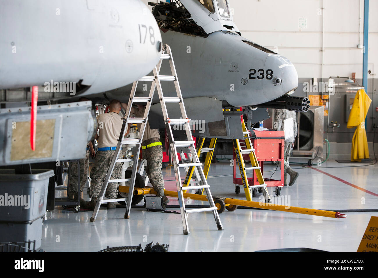 Aviateurs, effectuer des travaux de maintenance sur un A-10 Thunderbolt du 354e Escadron de chasse à la base aérienne Davis-Monthan Air Force Base. Banque D'Images