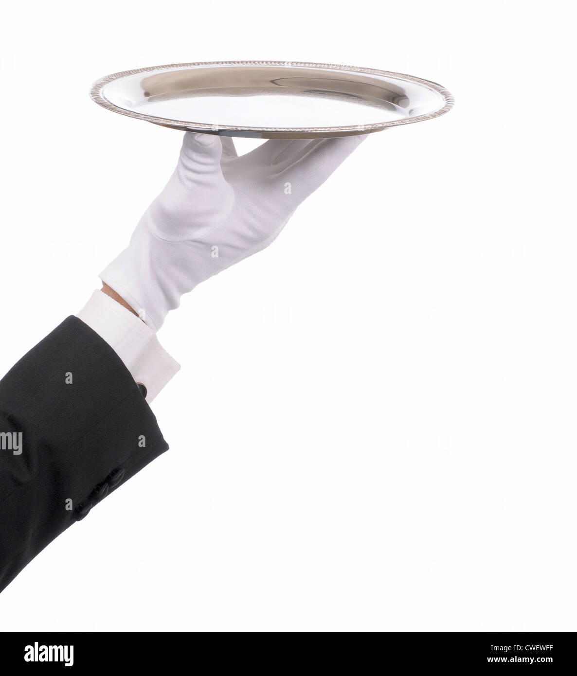Butlers mains et bras avec bac vide servant d'argent Banque D'Images