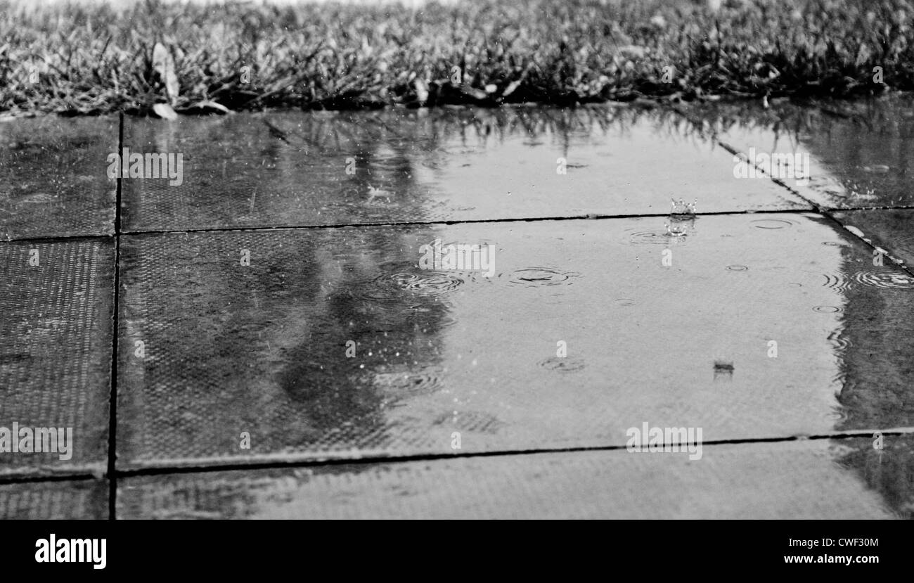 Tourné en noir et blanc, pluie, gouttes, marbre, trottoir, réflexion Banque D'Images