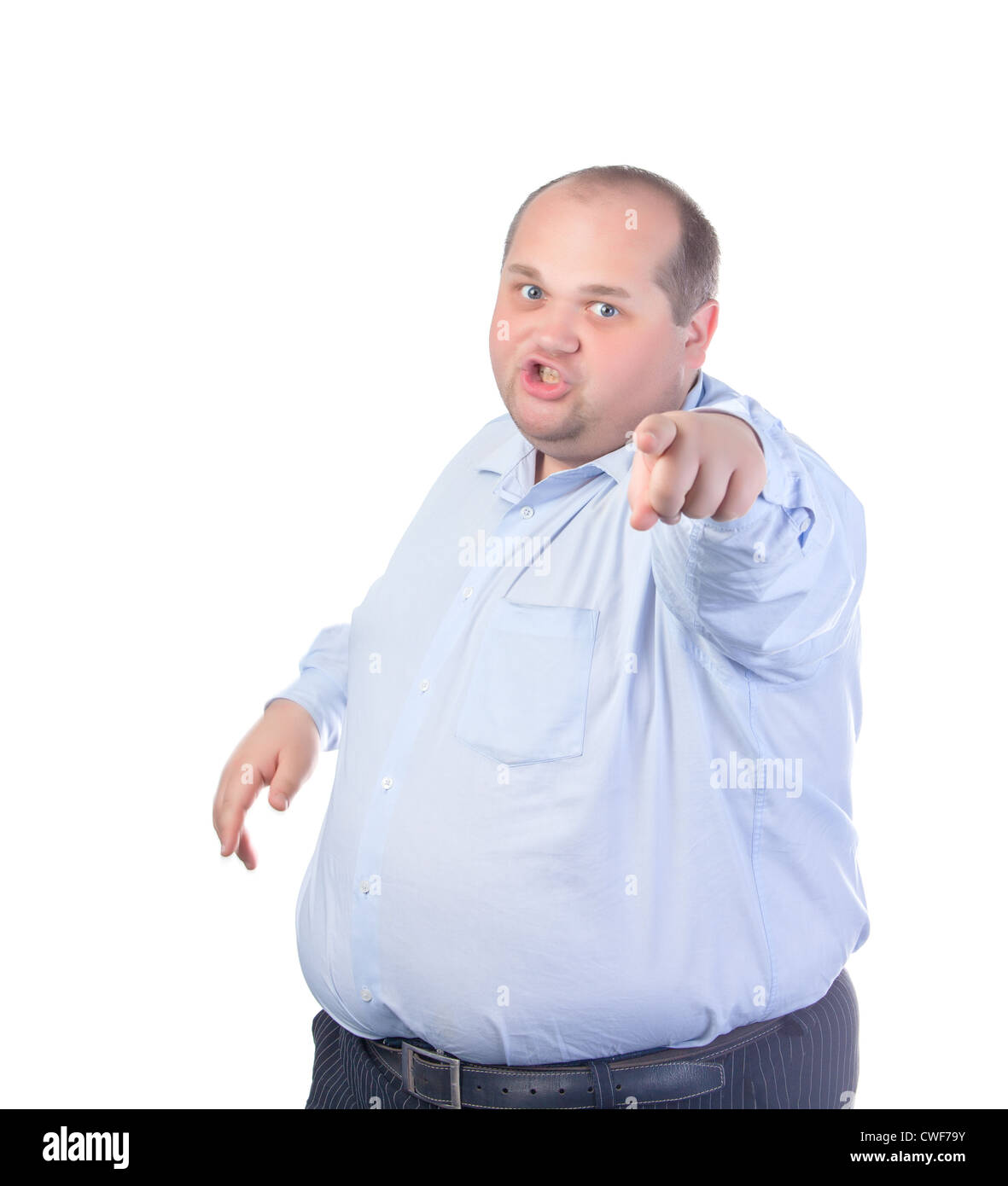 Gros Homme dans une chemise bleue, points isolés, doigt Photo Stock - Alamy