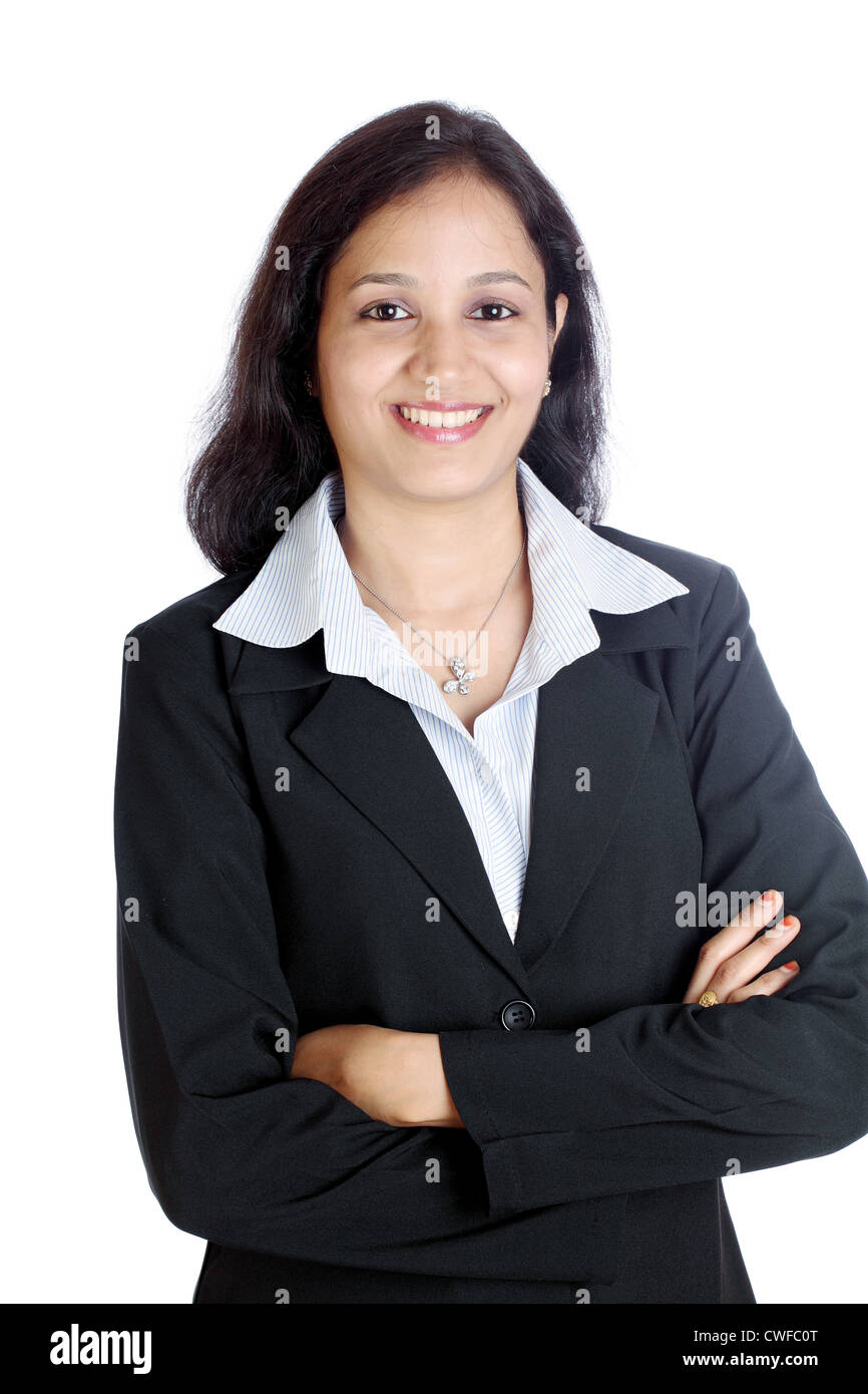 Young happy Indian business woman with arms crossed Banque D'Images
