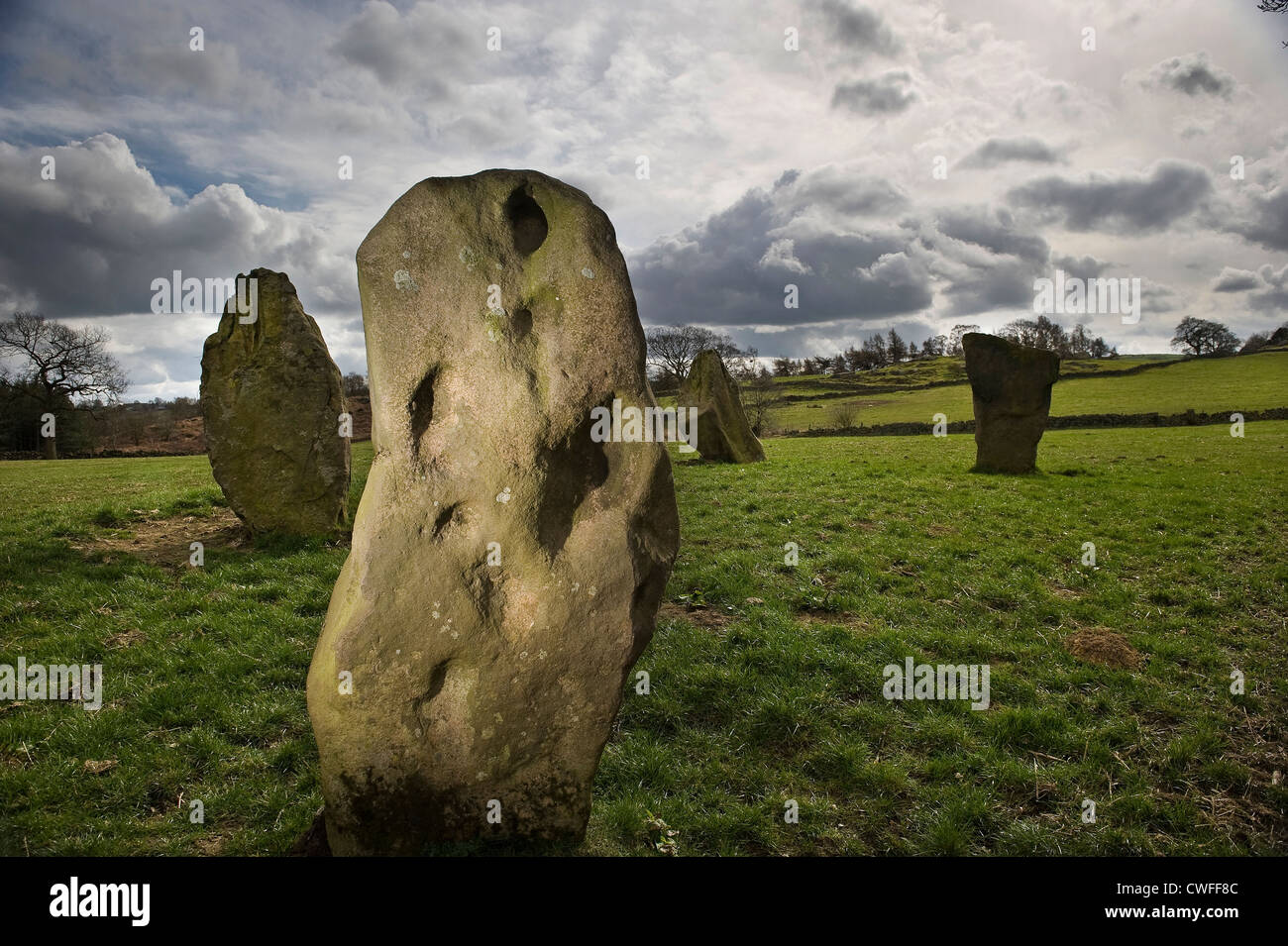 Neuf pierres de l'âge du Bronze près du cercle de pierres près de Stanton Moor, Derbyshire, Royaume-Uni Banque D'Images
