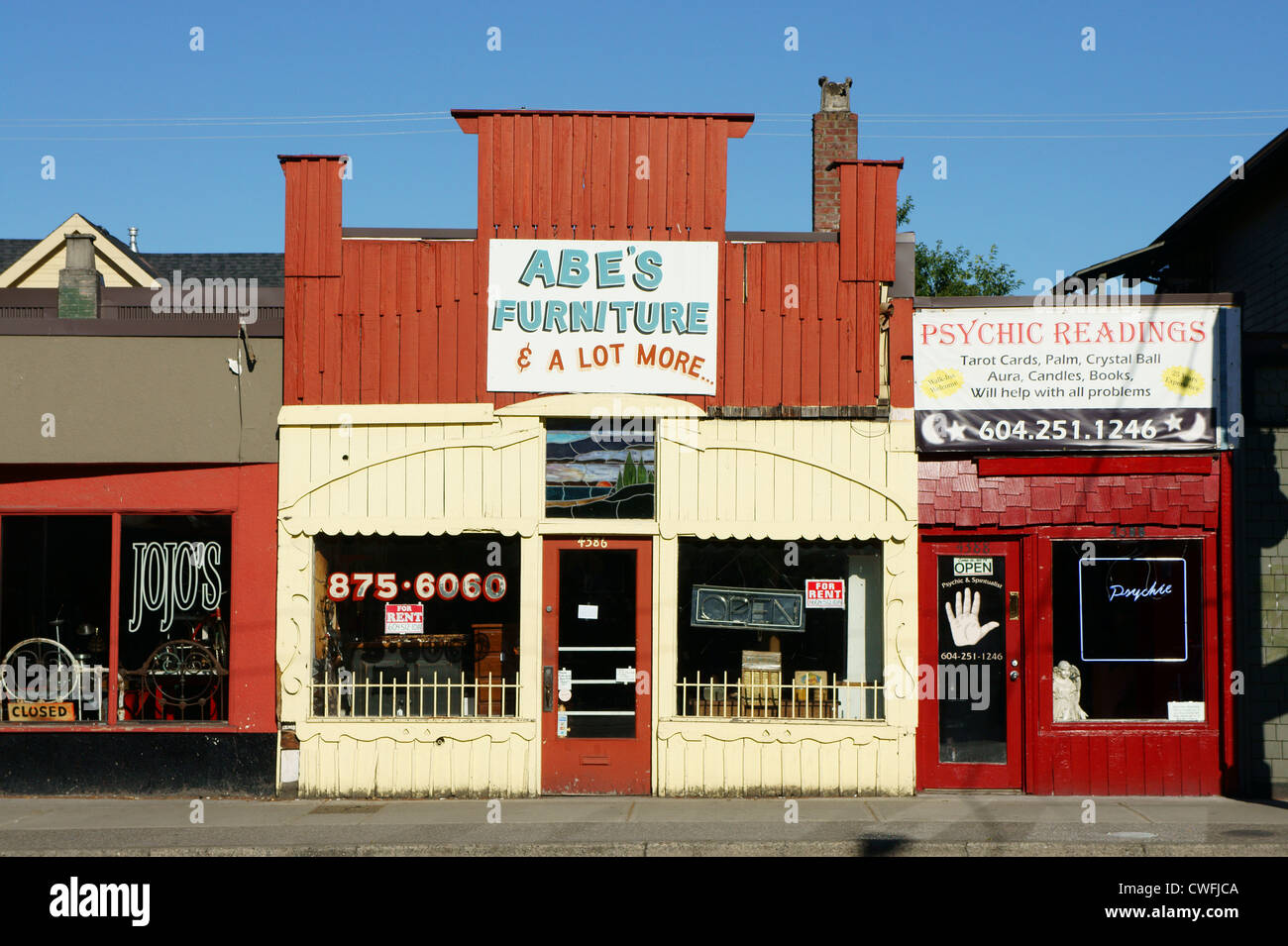 Les devantures en bois ancien sur Main Street, Vancouver, British Columbia, Canada Banque D'Images