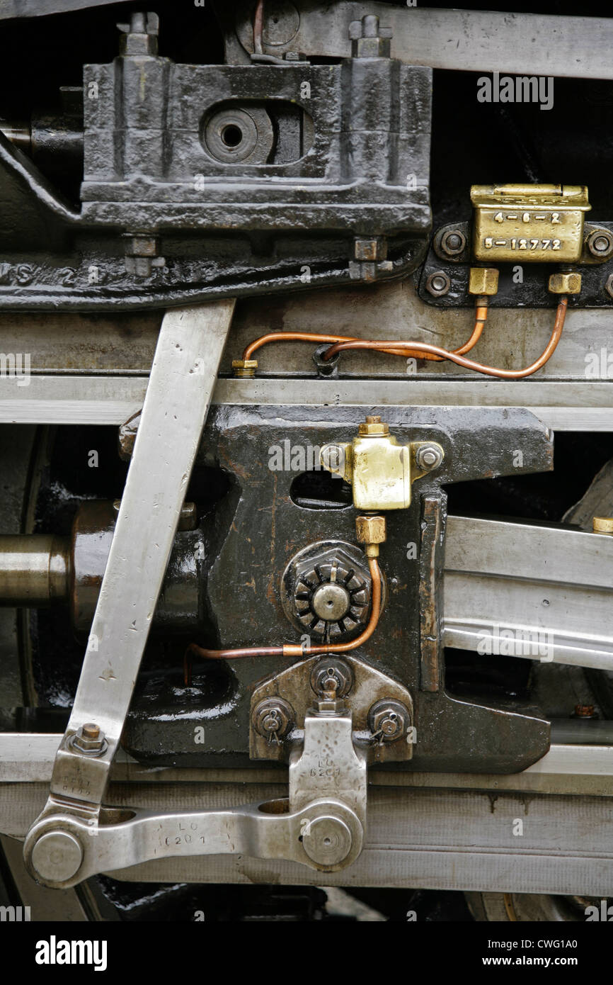 Roue de conduite et valvegear de locomotive à vapeur. Banque D'Images