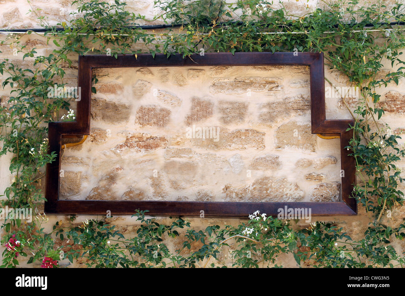 Restaurant Pizza signe sur vieux mur entouré de lierre, l'italien ou l'espagnol avec l'exemplaire de l'espace. Banque D'Images