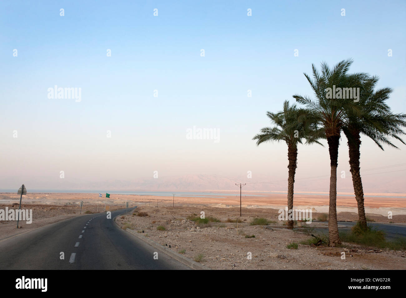 Une route à travers le désert de flexion avec une vue sur la Mer Morte dans la distance et de palmiers sur la droite, Israël Banque D'Images