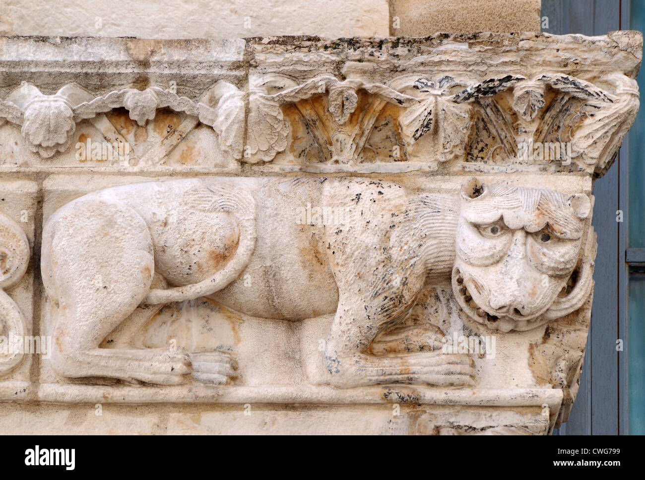 Détail de la sculpture médiévale sur la cathédrale de Nîmes Nîmes France lion montrant Banque D'Images