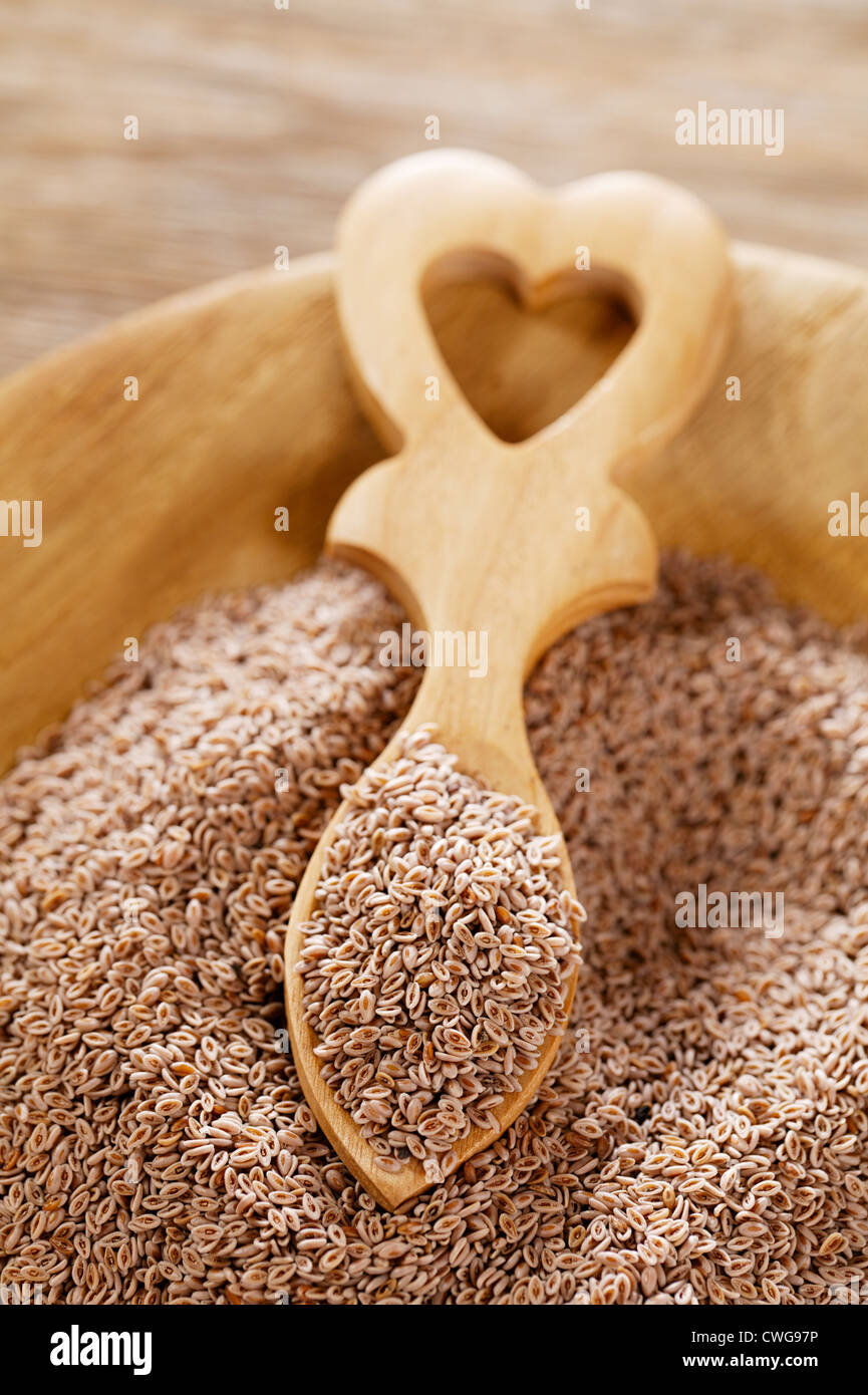 La livèche Seeds, graines d'Ajwain, carambole graines dans la plaque en  bois avec une cuillère en forme de coeur Photo Stock - Alamy
