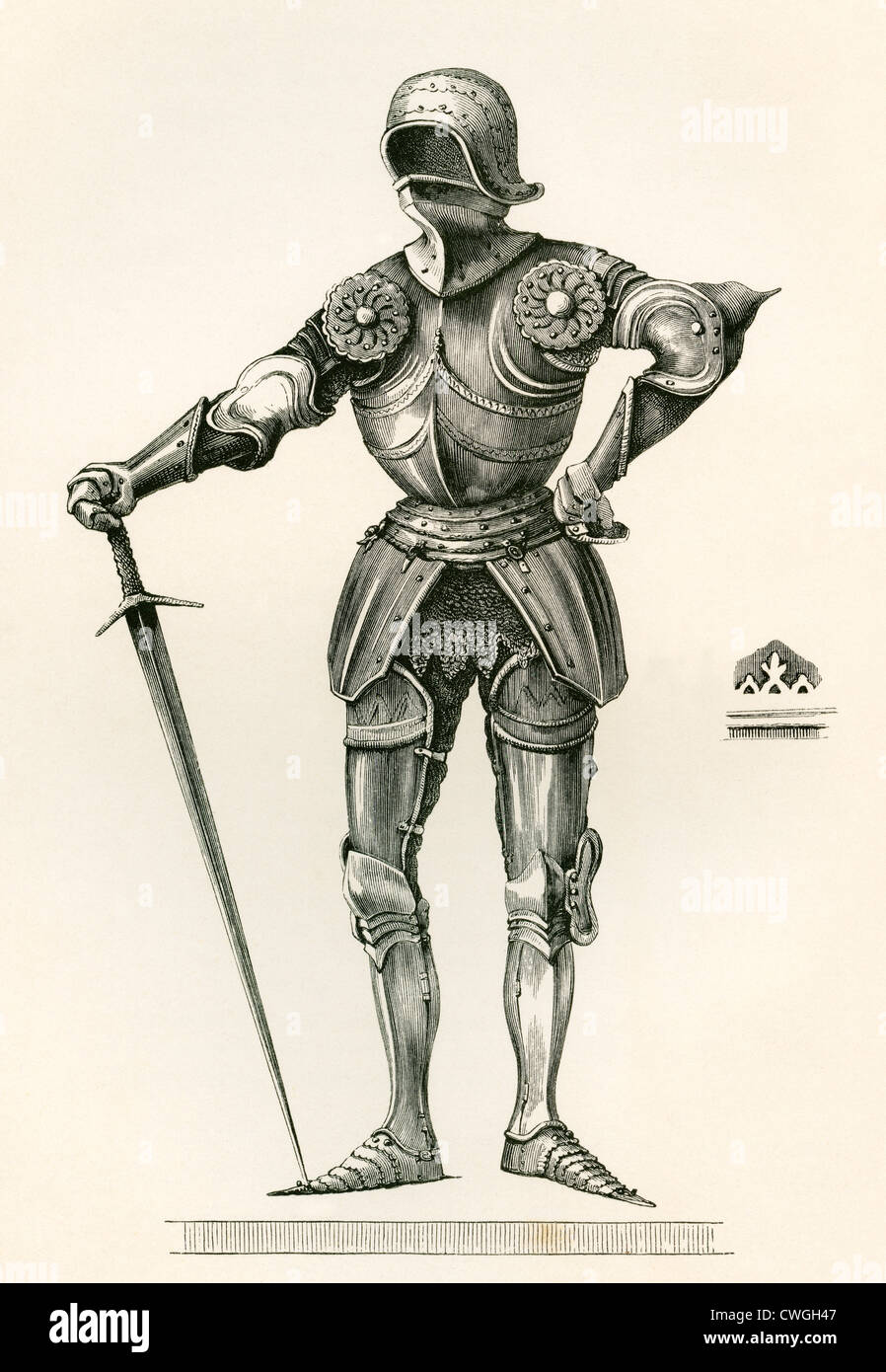 Costume d'armure Gothique, connu sous le nom de menu à la Poulaine, datant de l'an 1450. Banque D'Images