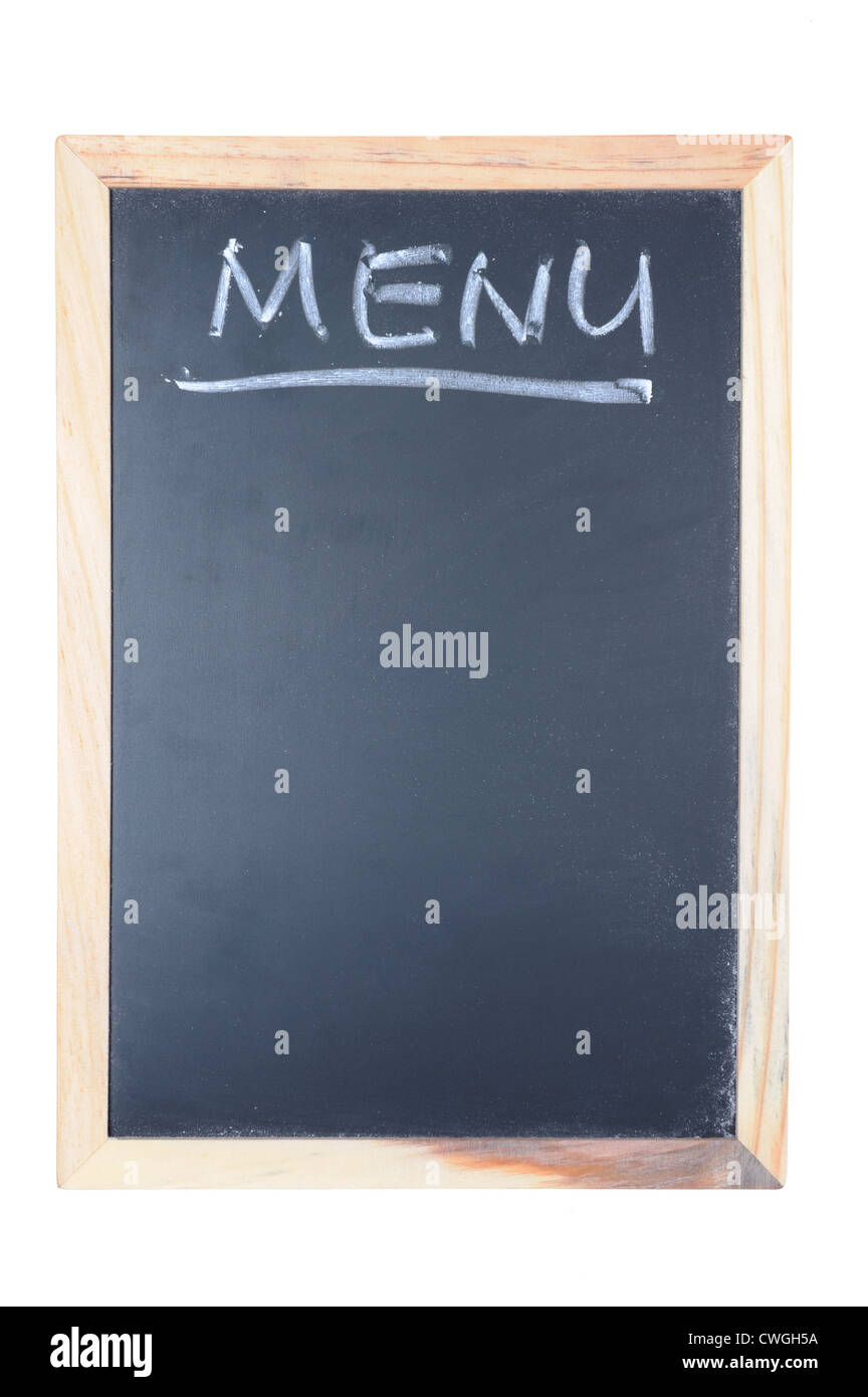 Mot Menu écrit sur ardoise avec cadre en bois isolé sur blanc Banque D'Images