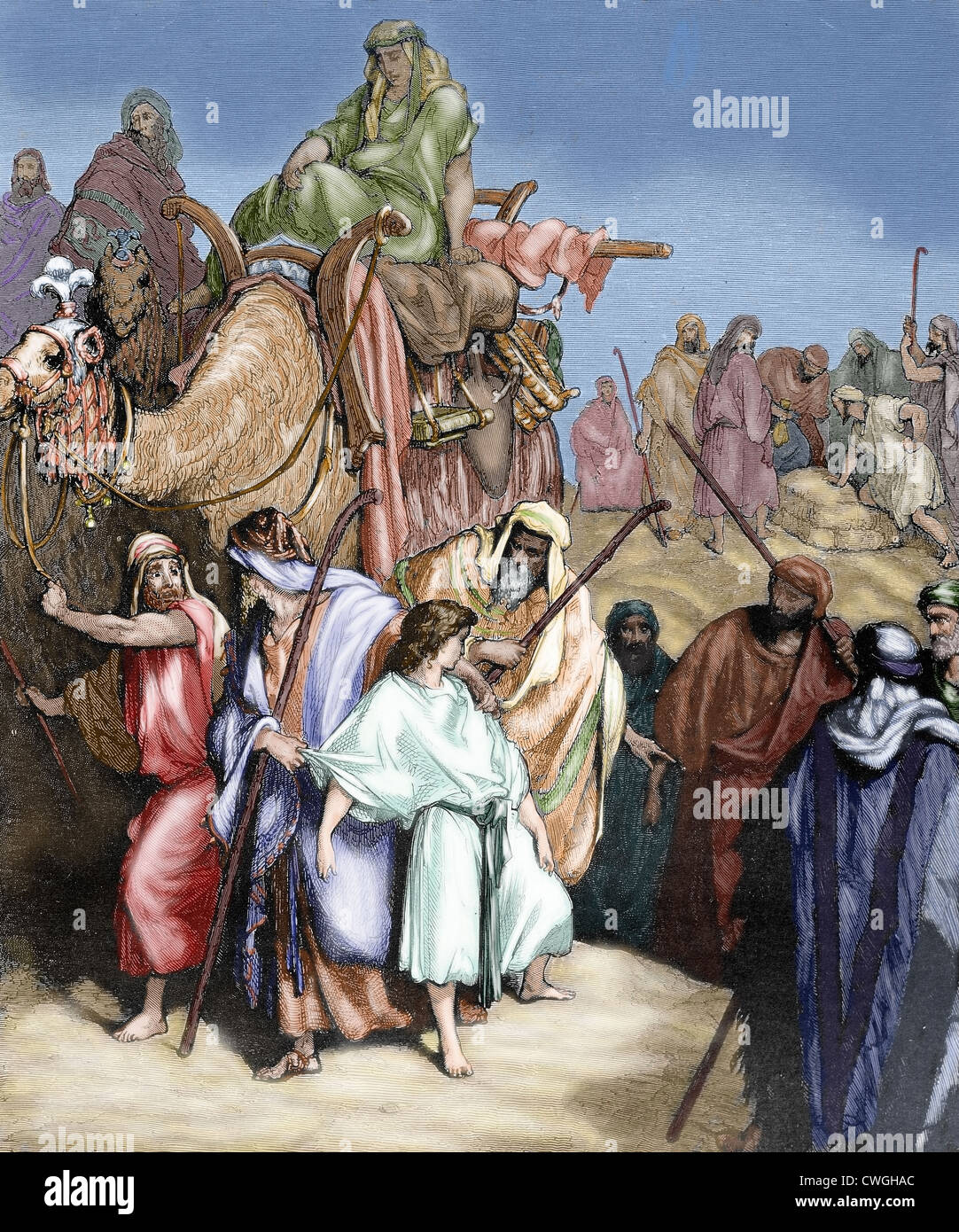 Joseph (fils de Jacob et Rachel) est vendu en esclavage en Egypte par ses frères. Gravure de Gustave Dore. De couleur. Banque D'Images