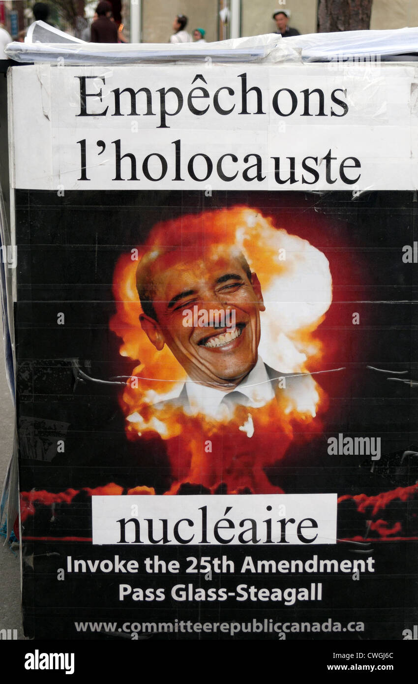 Affiche du président américain Barack Obama en flammes éviter l'holocauste nucléaire et de proposer sa révocation Montréal Canada Banque D'Images